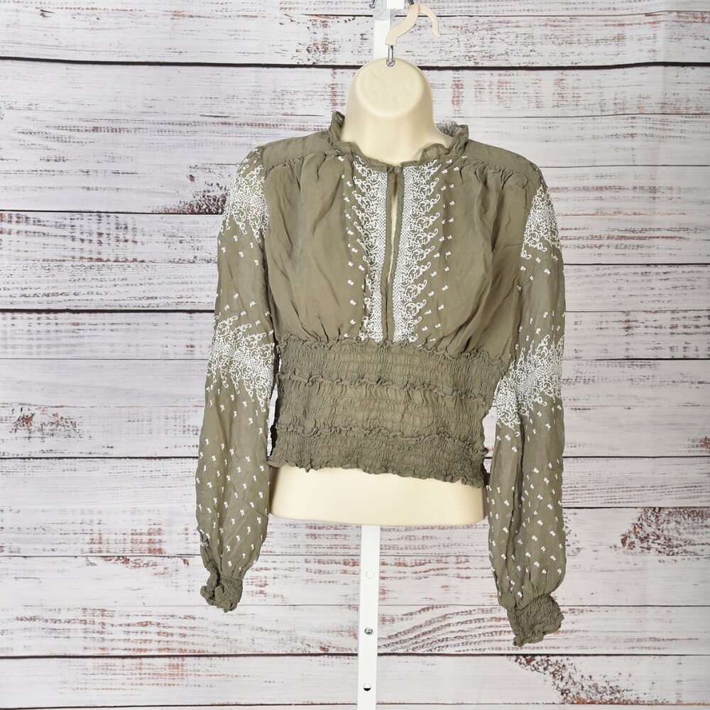 Anthropology Green Chiffon Embroidered Blouse